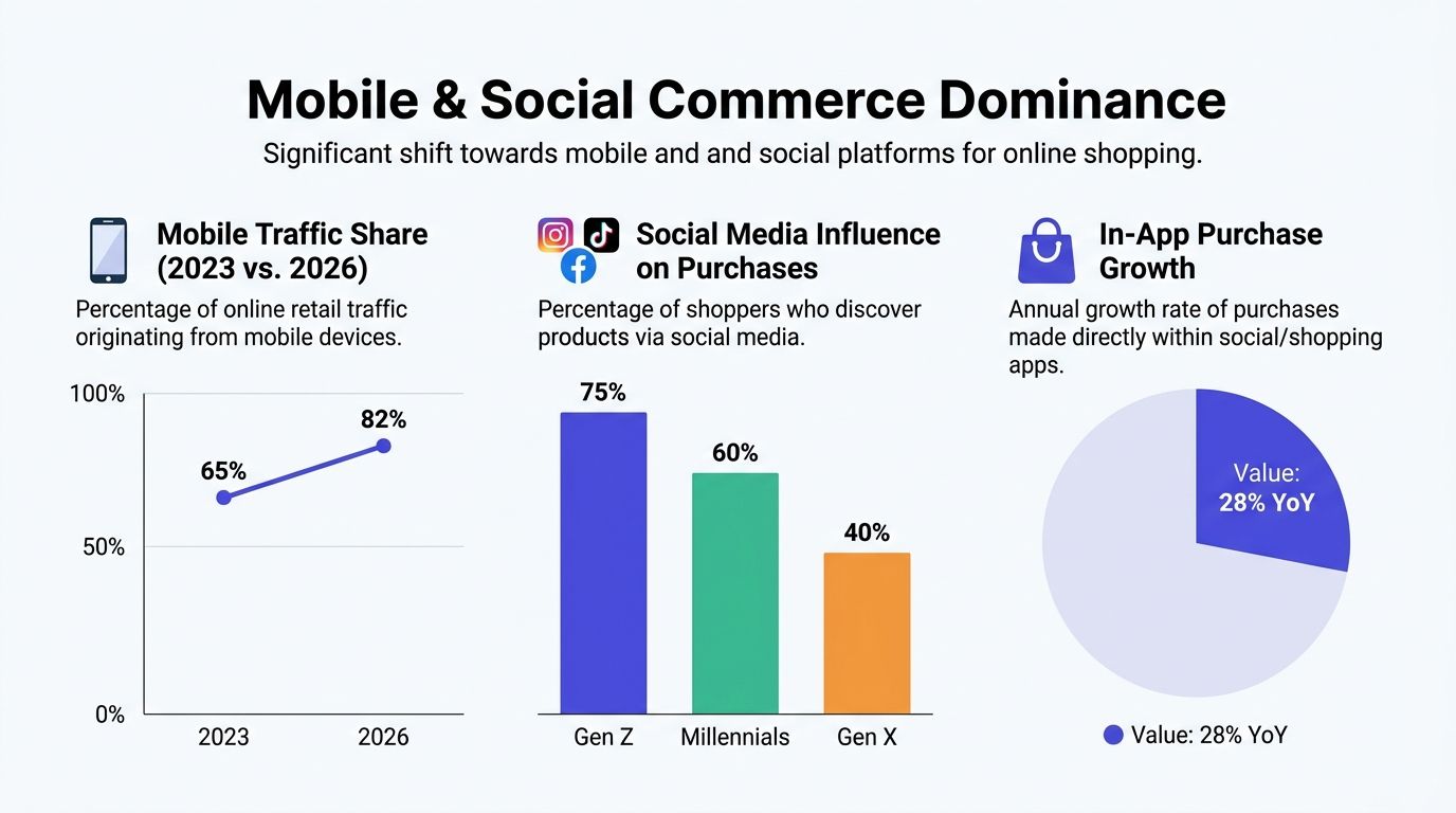 A chart showing the growth of mobile traffic, social media influence on purchases, and in-app purchase growth.