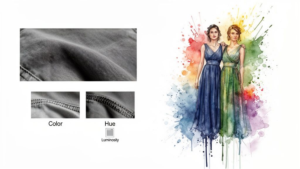 Detailed close-ups of grey fabric texture and watercolor illustration of two women in vibrant dresses.