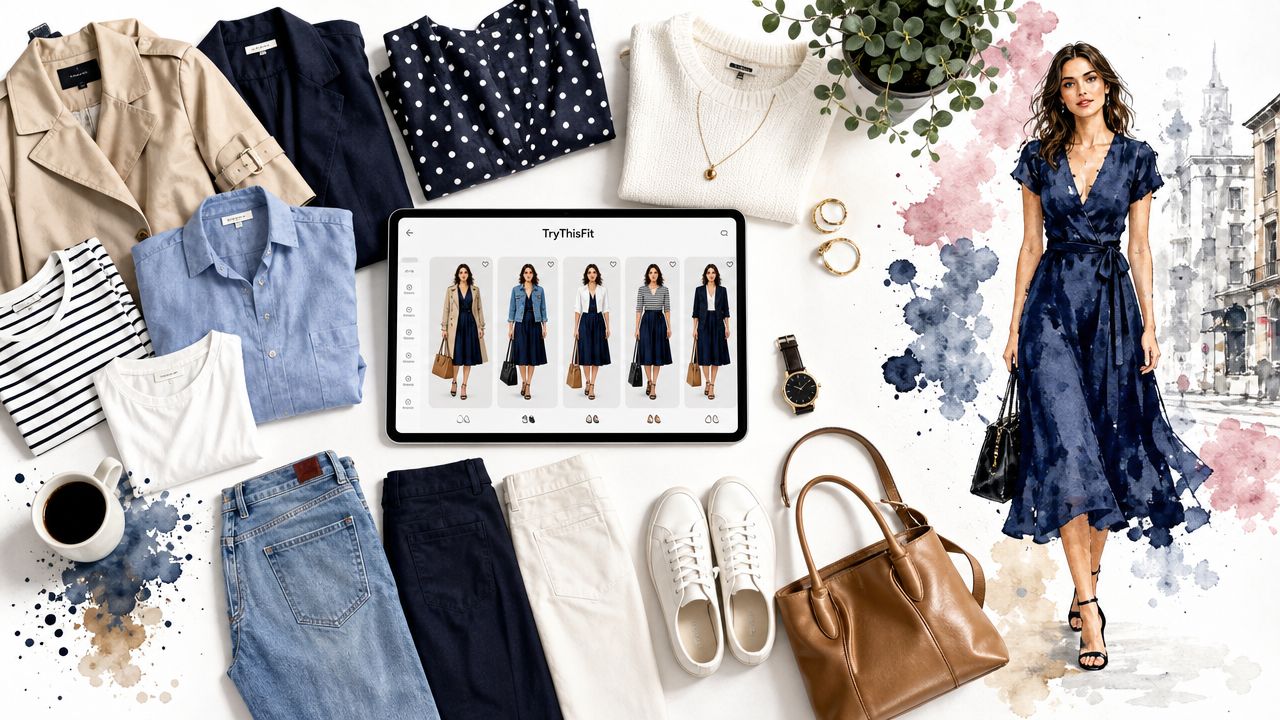 A digital tablet displaying fashion outfit options surrounded by clothing, accessories, and a stylish woman illustration.