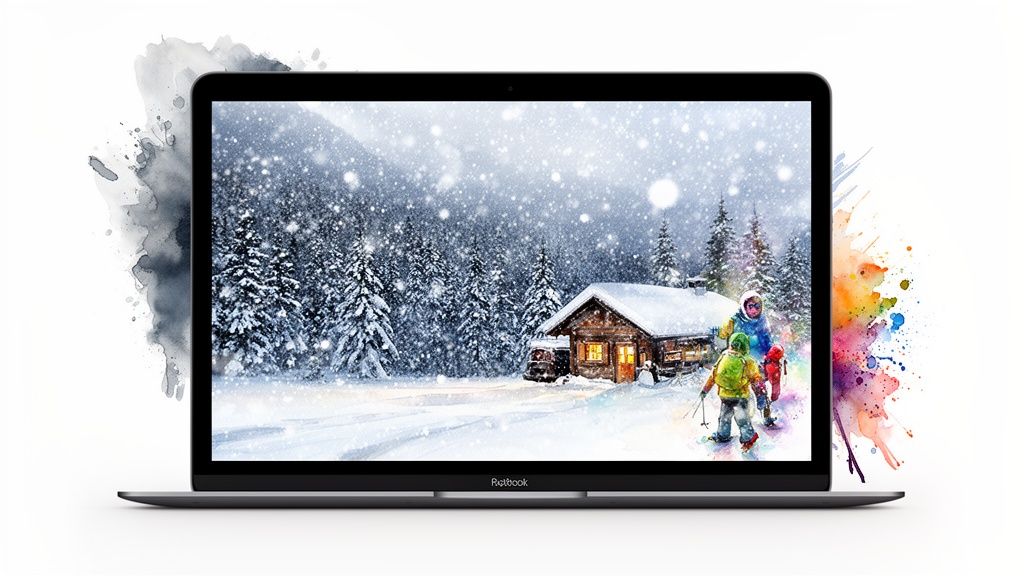 Laptop displaying an animated winter scene with a snowy cabin, forest, and people skiing, enhanced by watercolor effects.