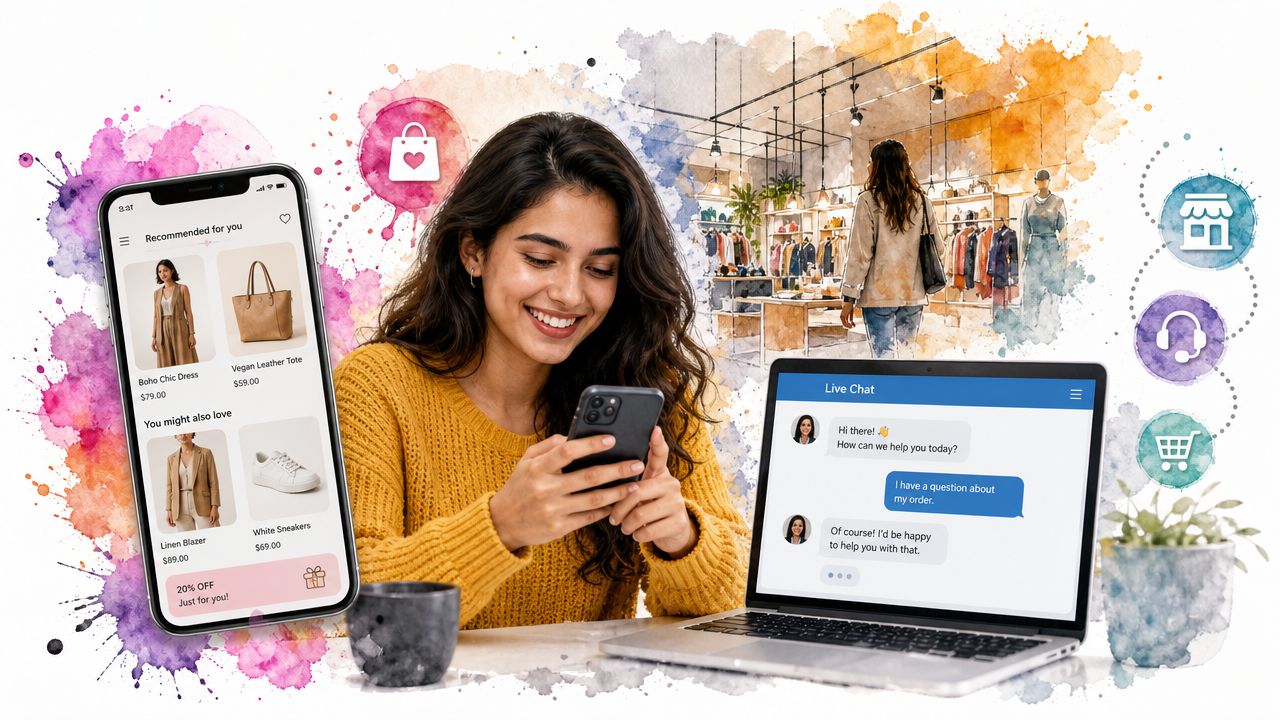 A young woman smiling while using a smartphone for online shopping with a laptop showing live chat.