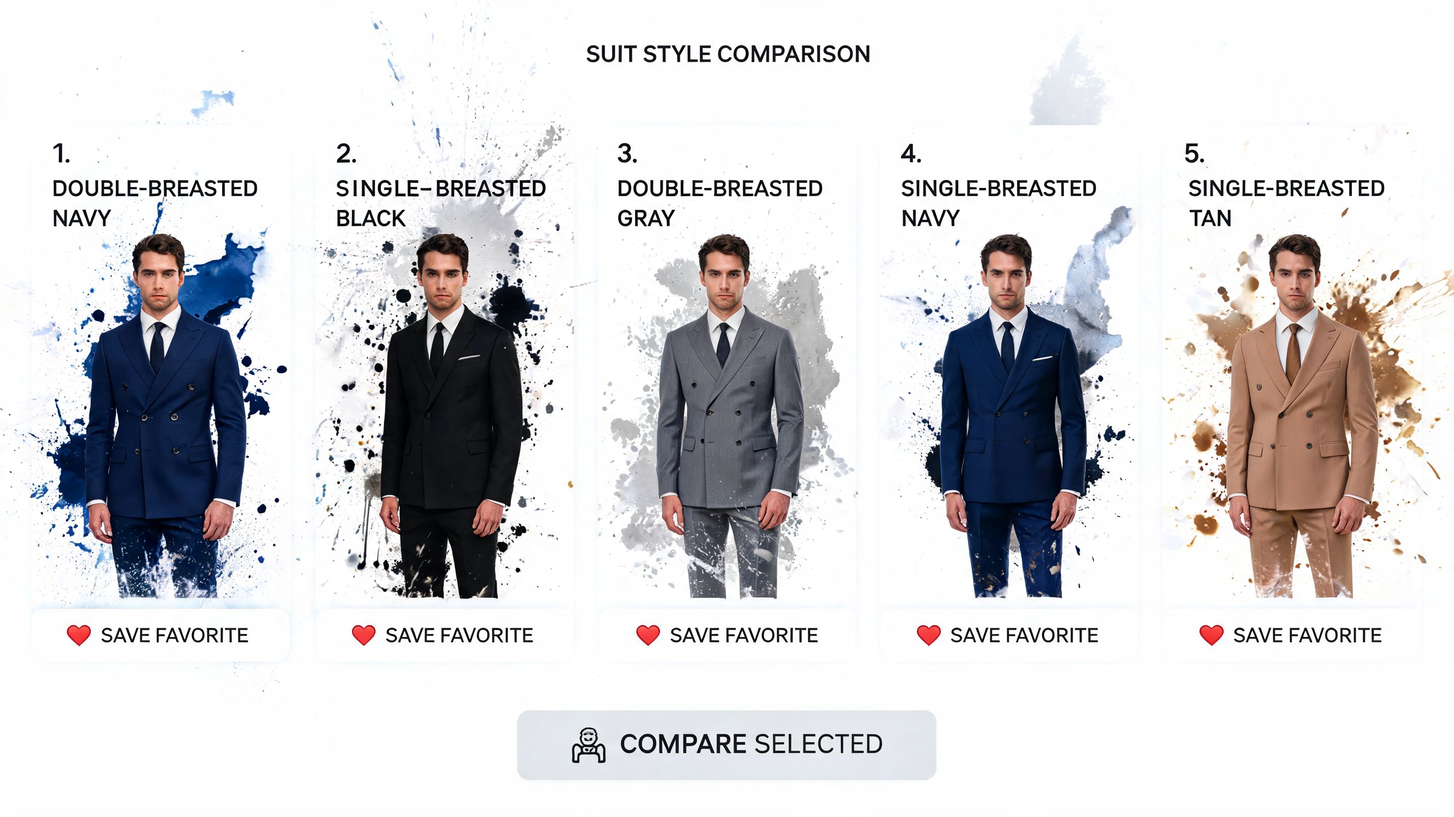 A selection of men wearing various suit styles and colors in a comparison grid interface.