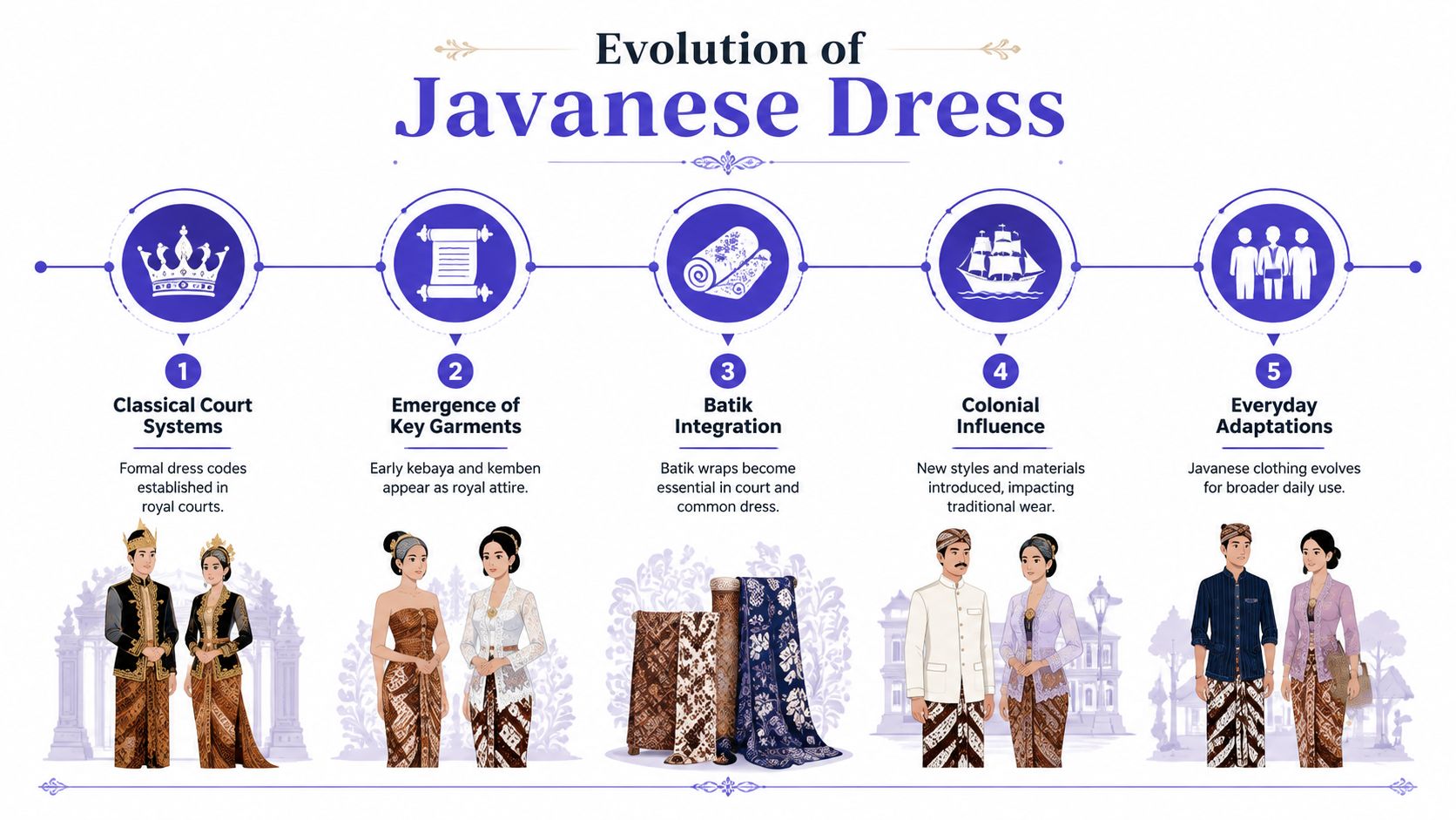 An infographic illustrating the historical evolution of traditional Javanese clothing from royal court systems to everyday wear.