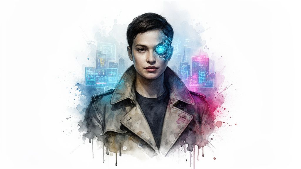 Androgynous person with a glowing bionic eye in a futuristic watercolor city.
