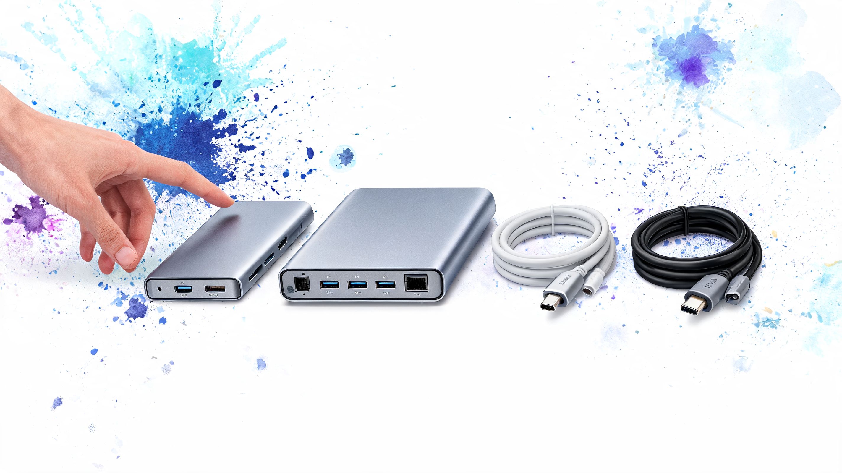 A hand pointing at a portable docking station for a MacBook Pro, including cables and accessories.
