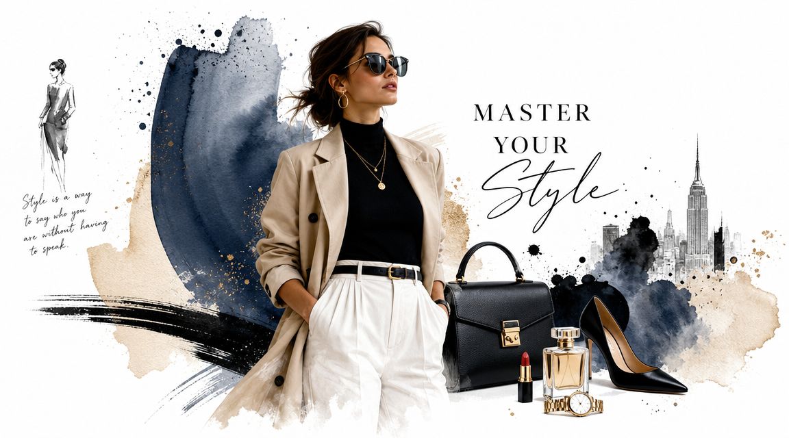A stylish woman in a beige trench coat and black turtleneck poses with luxury fashion accessories.