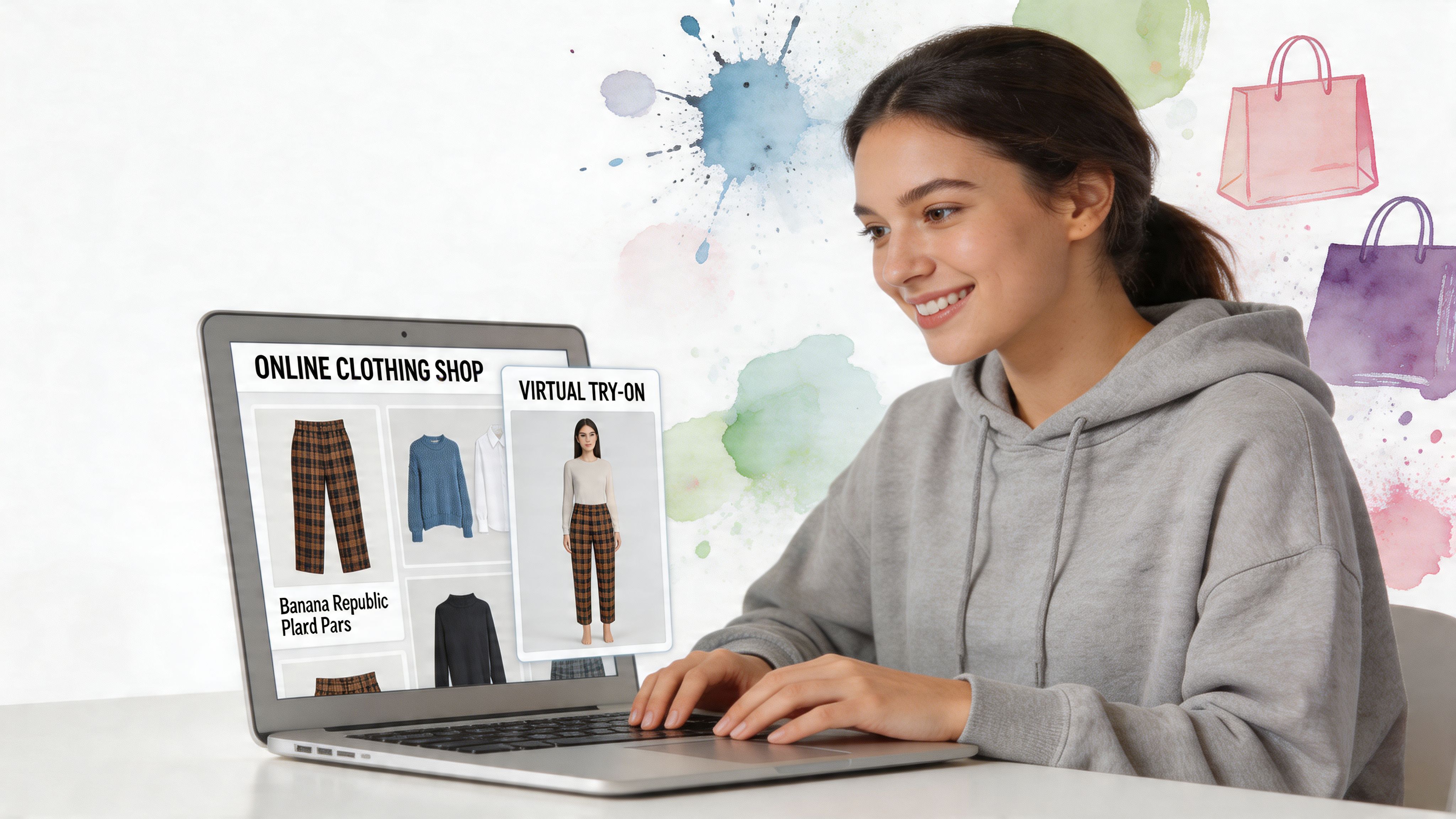A happy young woman sitting at a table using a laptop for virtual clothing try-on services online.