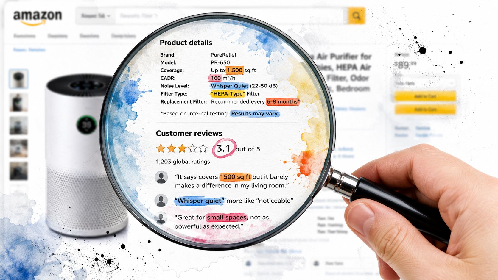 A magnifying glass inspecting product details and low customer ratings for an air purifier on Amazon.
