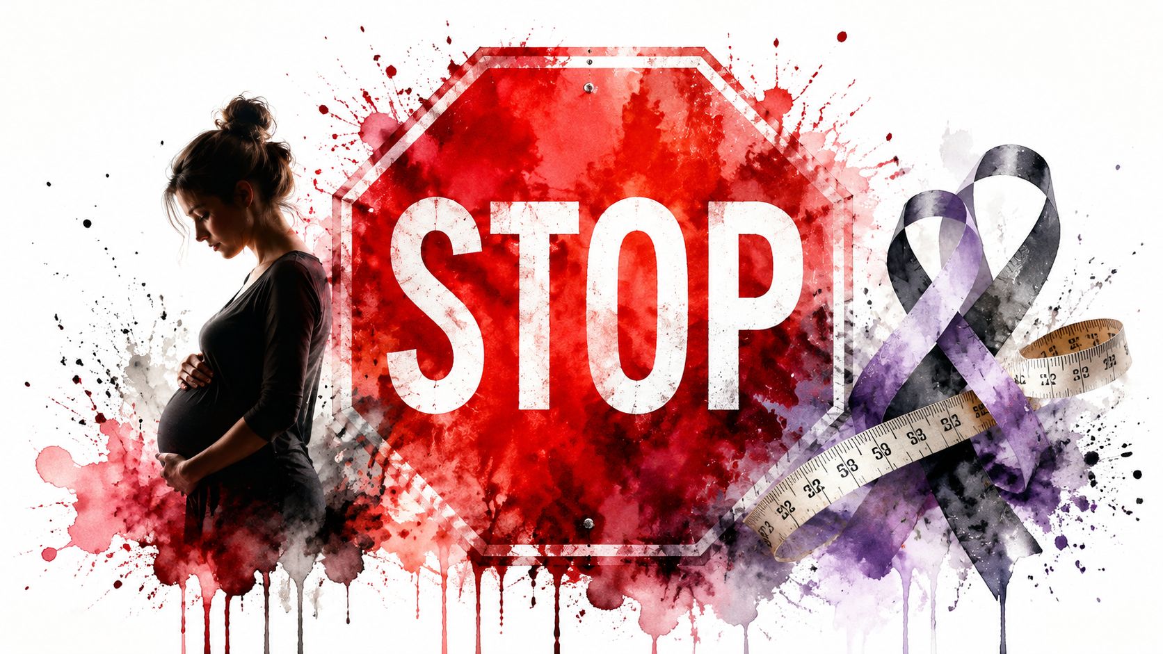 A pregnant woman looks at a stop sign with a measuring tape and awareness ribbon nearby.