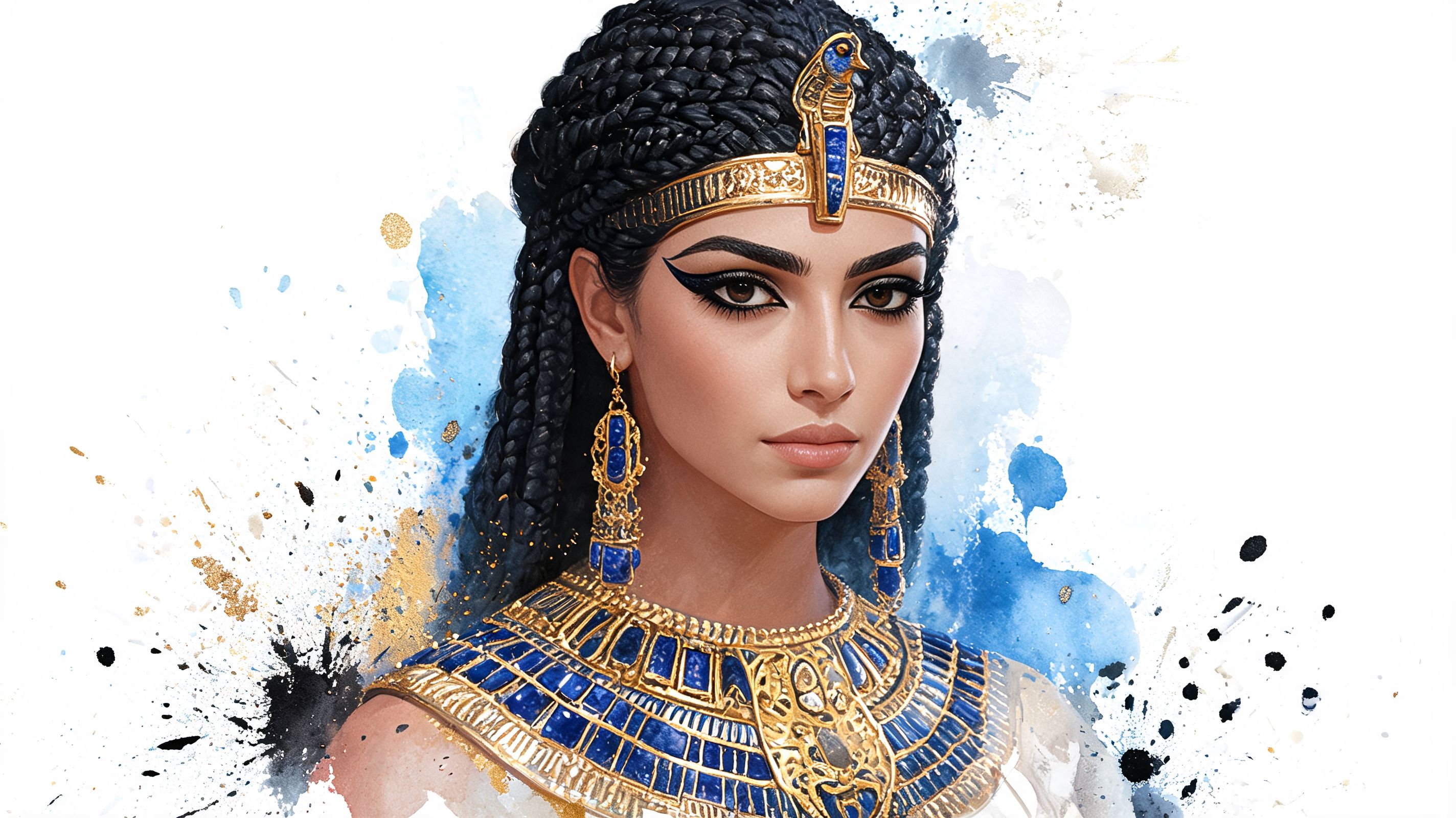 A stunning artistic illustration of an Egyptian queen wearing elaborate gold and lapis lazuli jewelry