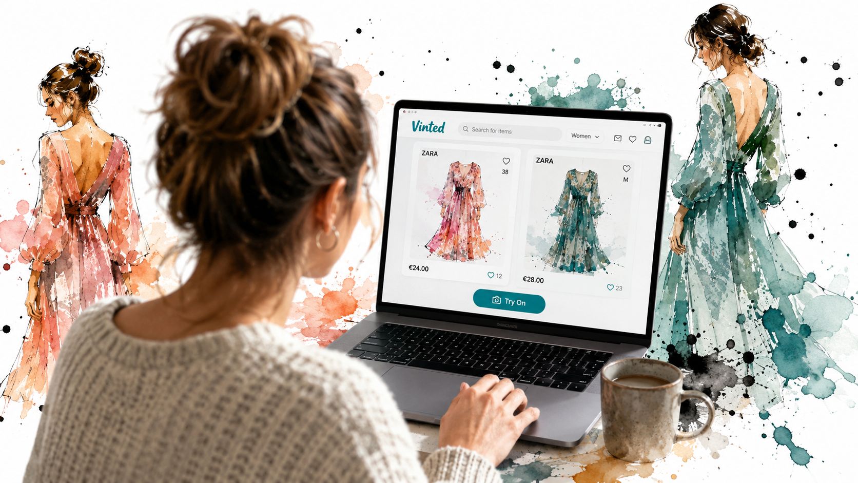 A person using a laptop to browse the Vinted online shopping app featuring watercolor fashion illustrations.