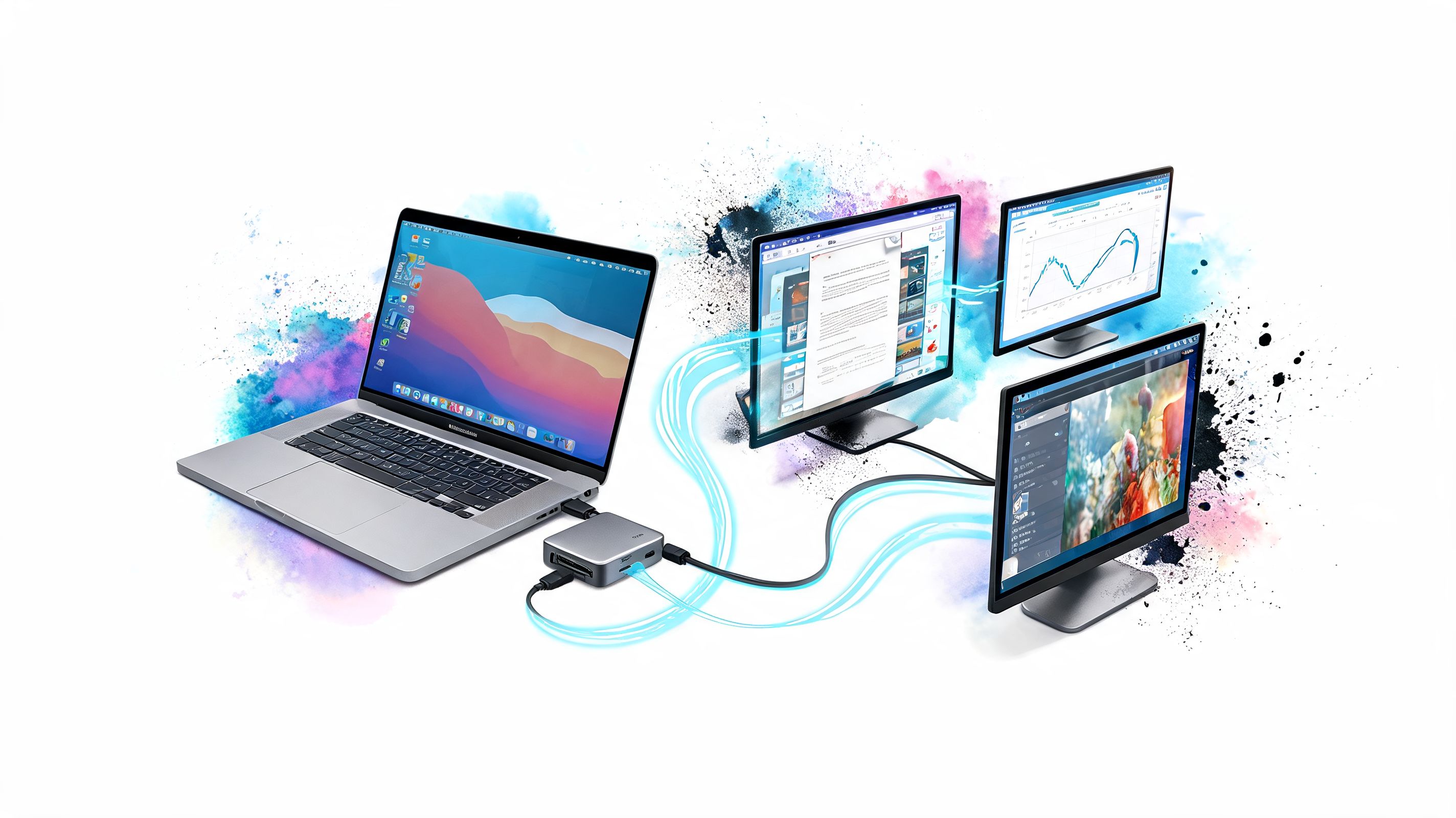 A MacBook Pro connected to a docking station, outputting video to three additional desktop computer monitors simultaneously.