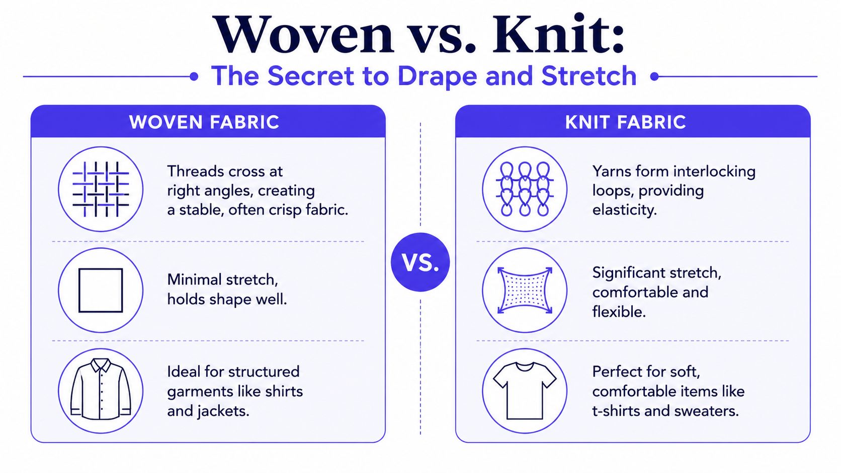 A comparison chart explaining the structural and functional differences between woven fabric and knit fabric.