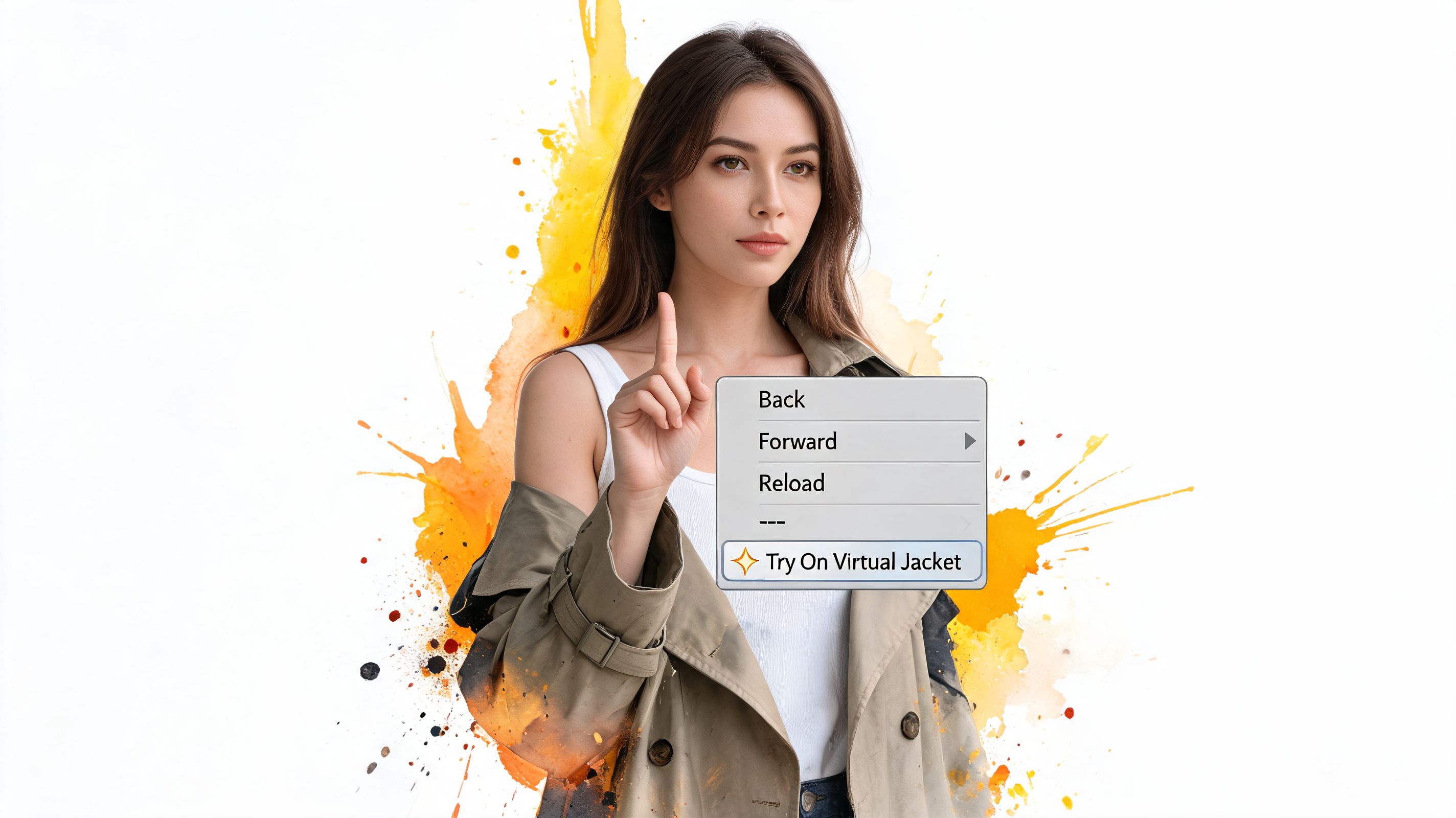 A woman interacting with a digital context menu featuring a virtual try-on button for a jacket.