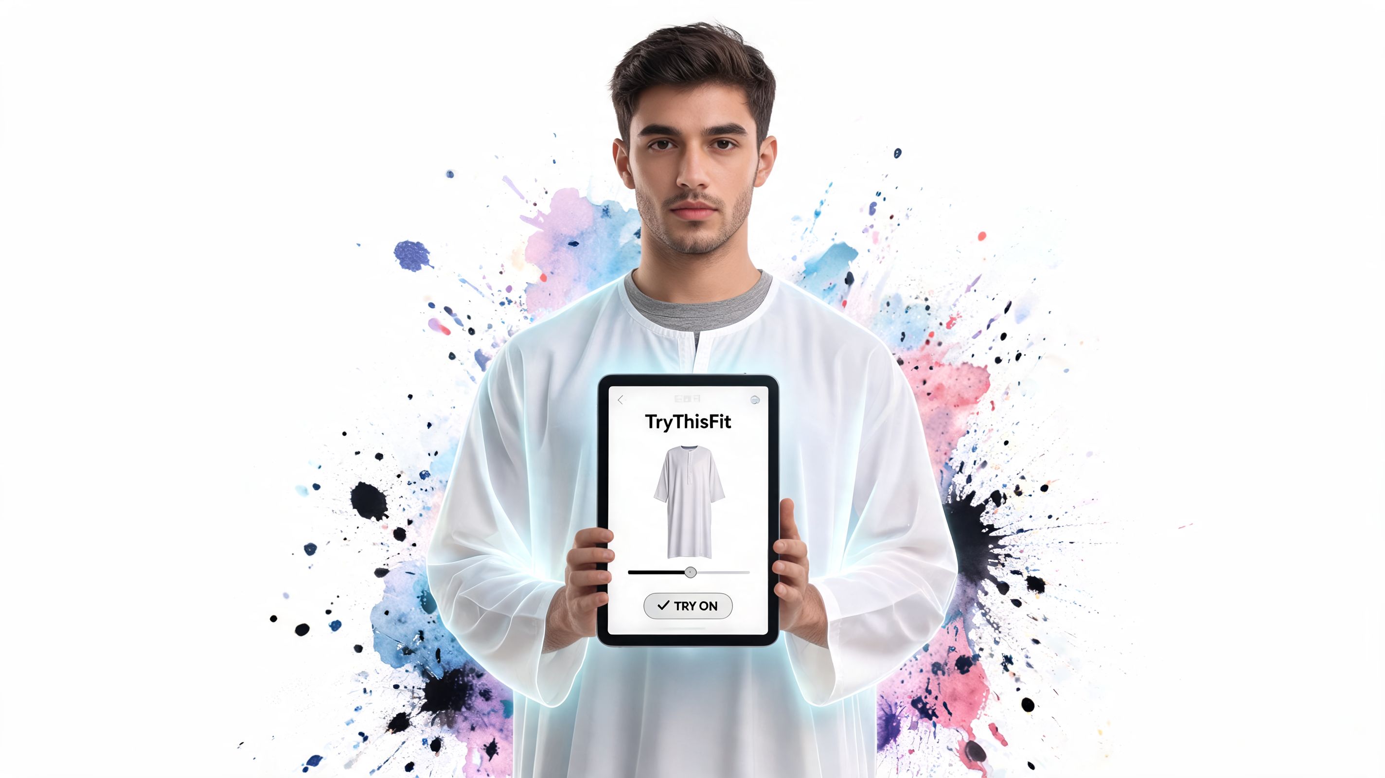A man wearing a white thobe holds a digital tablet displaying an interactive clothing try-on app interface.