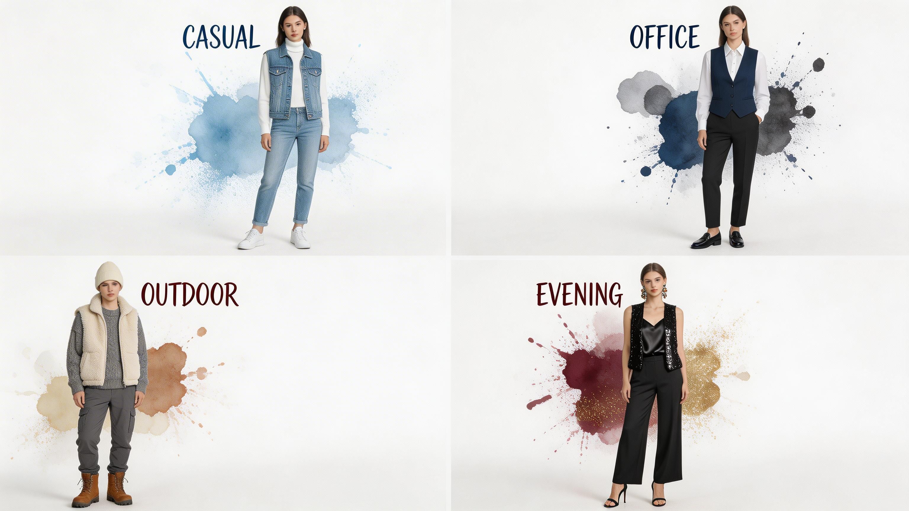 Four different models demonstrating various ways to style vests for casual, office, outdoor, and evening outfits.
