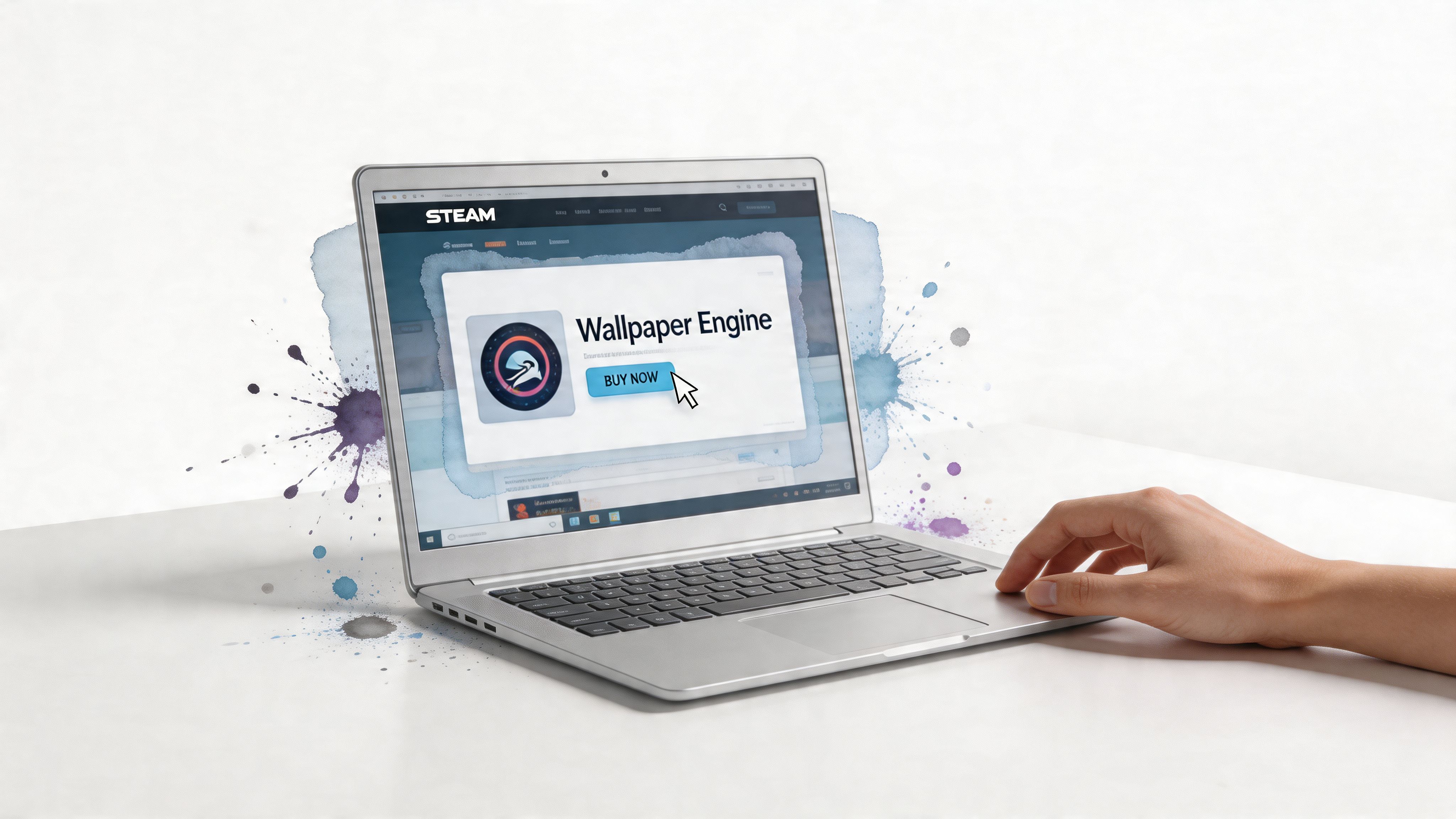 A hand using a laptop to purchase Wallpaper Engine on the Steam platform with artistic watercolor splashes.