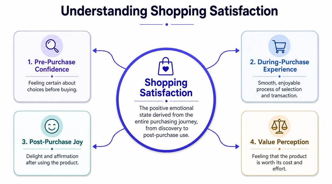 A diagram illustrating the four key components that contribute to overall customer shopping satisfaction.