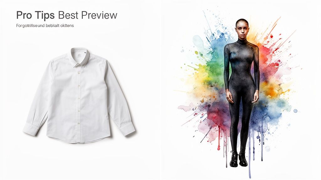 Image shows 'Pro Tips Best Preview' text, a white shirt, and a person in a black suit with colorful watercolor art.