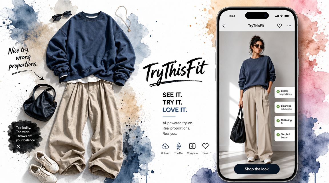 A digital advertisement for an AI-powered fashion app showing a clothing flatlay alongside a mobile phone interface.