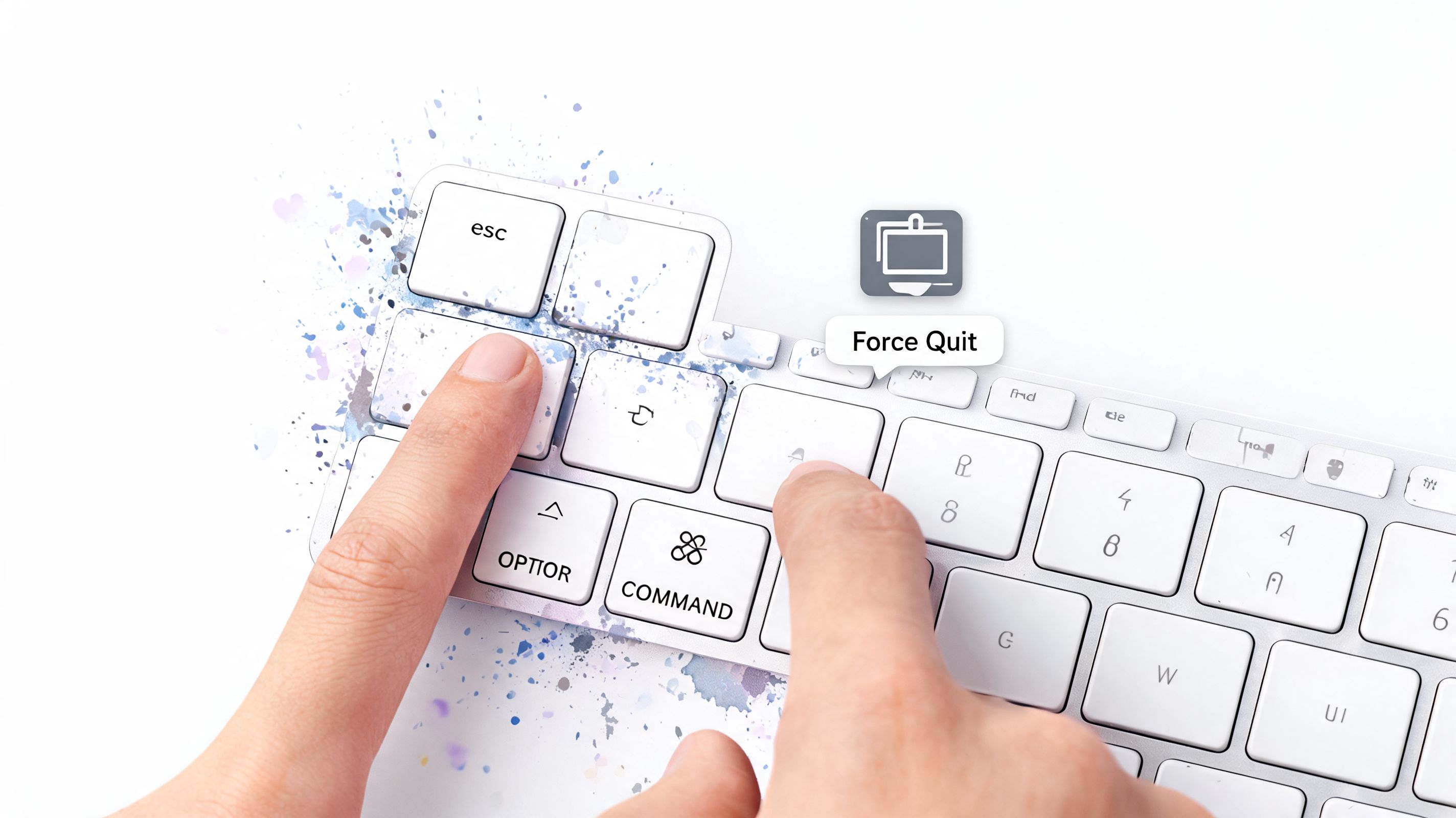 A close-up view of hands pressing Command, Option, and Escape keys on a computer keyboard to force quit.