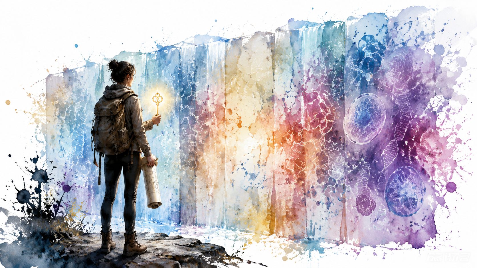 A traveler with a backpack and a glowing key stands before a mystical, colorful watercolor portal wall.