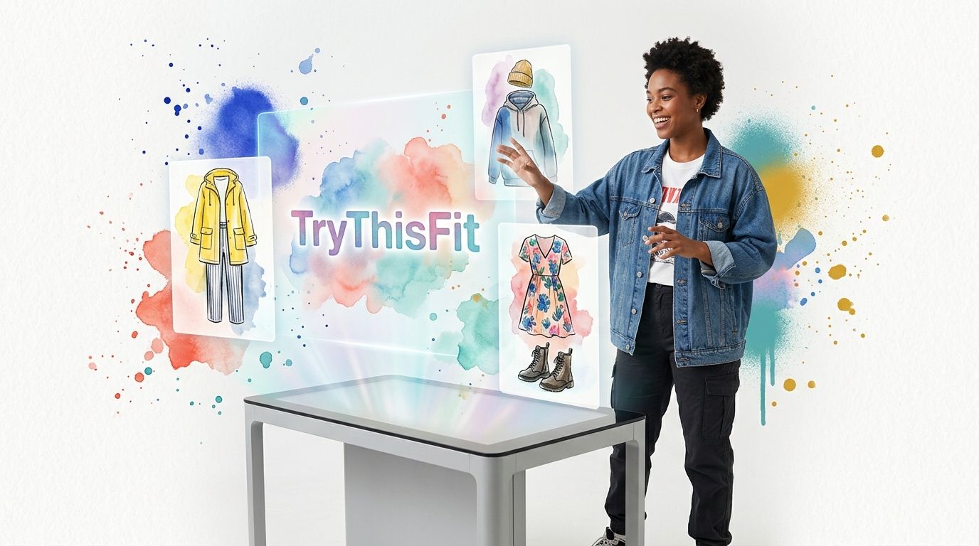 A woman interacting with a holographic display showcasing digital fashion illustrations and clothing items in a studio.