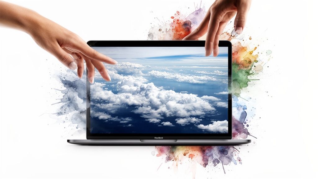 Two hands interact with a laptop displaying a cloudy sky, surrounded by vibrant watercolor splashes.