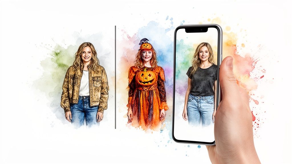A woman transforming outfits from a jacket to a pumpkin costume, then viewed on a smartphone app.