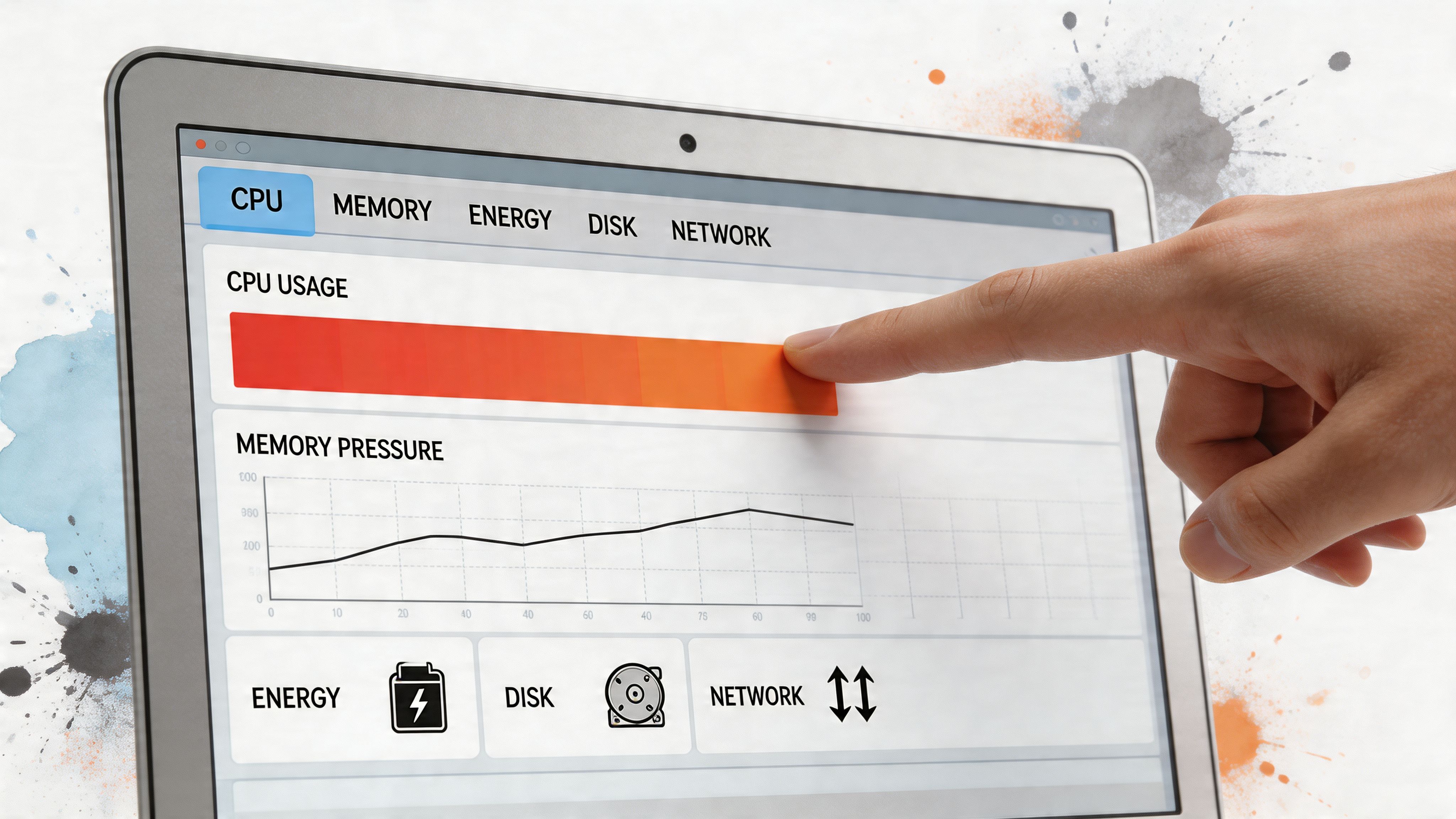 A hand touches a computer screen displaying a system activity monitor showing CPU usage and memory metrics.