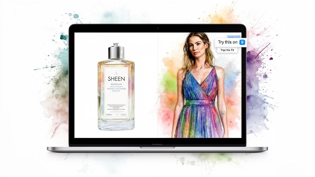 Virtual try-on app on a laptop, displaying Sheen perfume and a woman in a vibrant dress.
