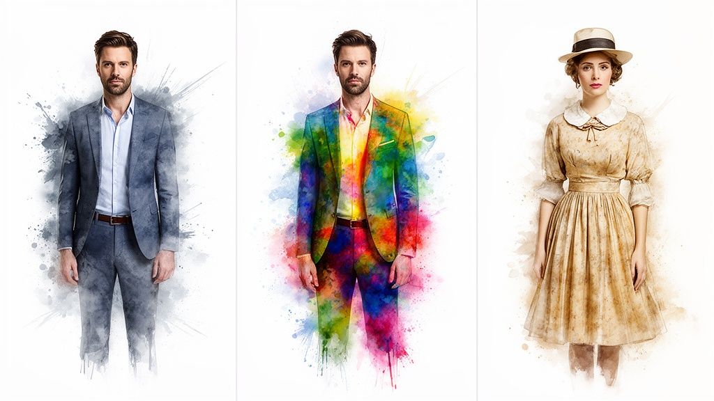Three artistic watercolor portraits featuring a man in suits and a woman in a vintage dress.