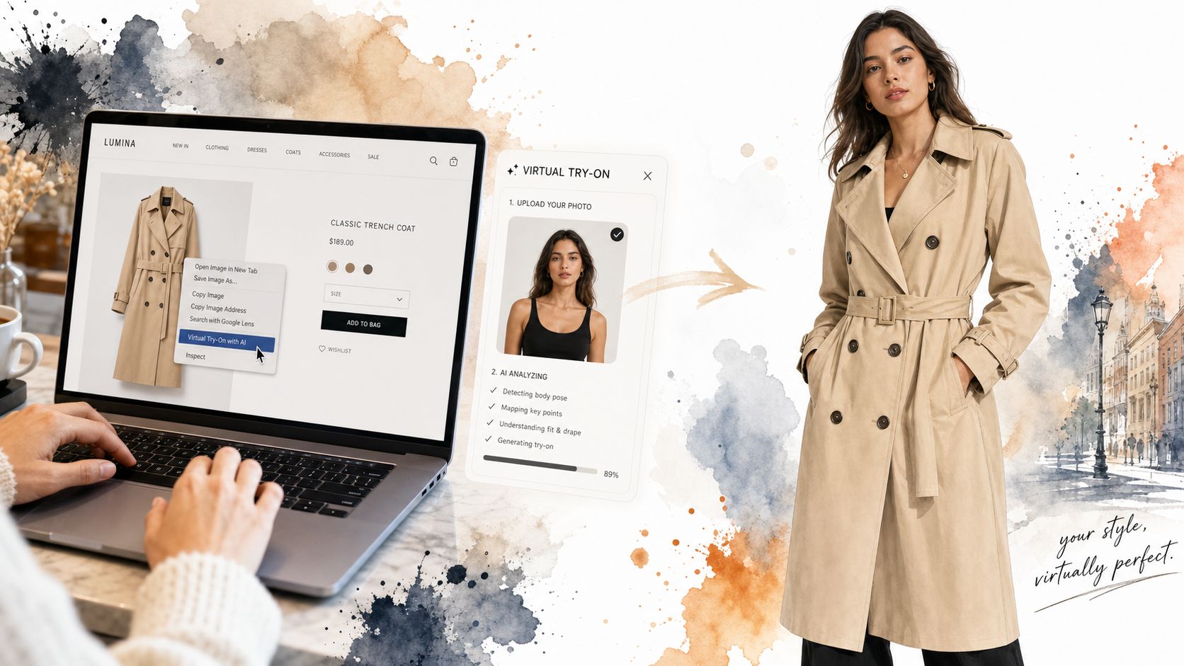 A person using a laptop to virtually try on a trench coat using an AI fashion tool.