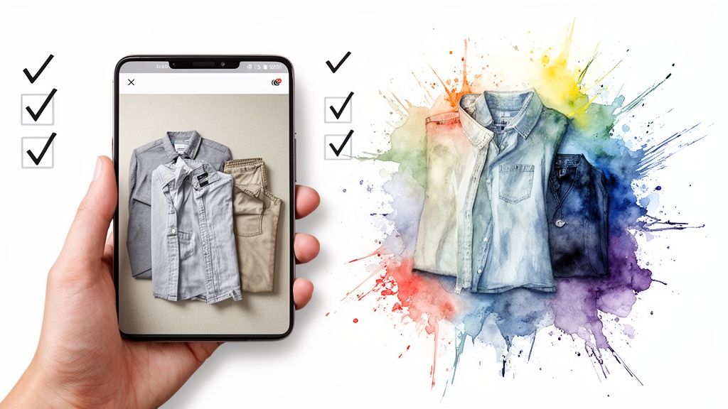 Hand holding a phone showing men's casual clothes, next to colorful watercolor fashion illustrations.