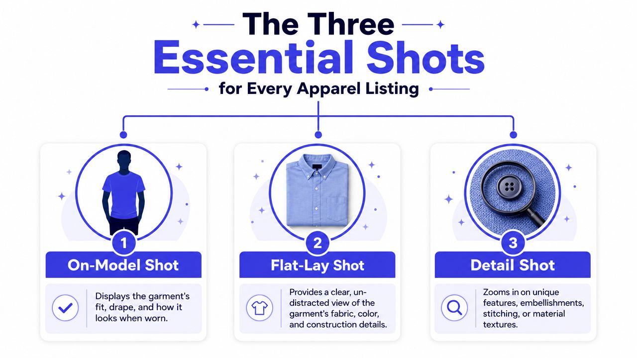 An infographic showing three essential photography shots for apparel listings: on-model, flat-lay, and detail shots.
