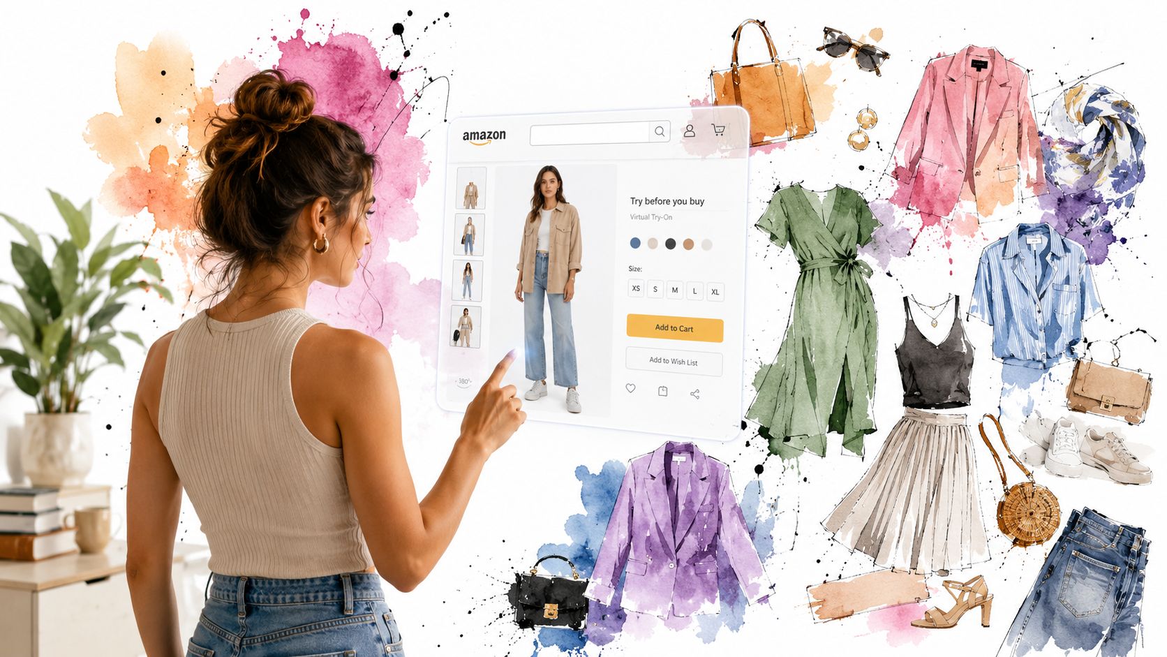 A woman uses a virtual try-on feature on an Amazon interface surrounded by digital fashion illustrations.