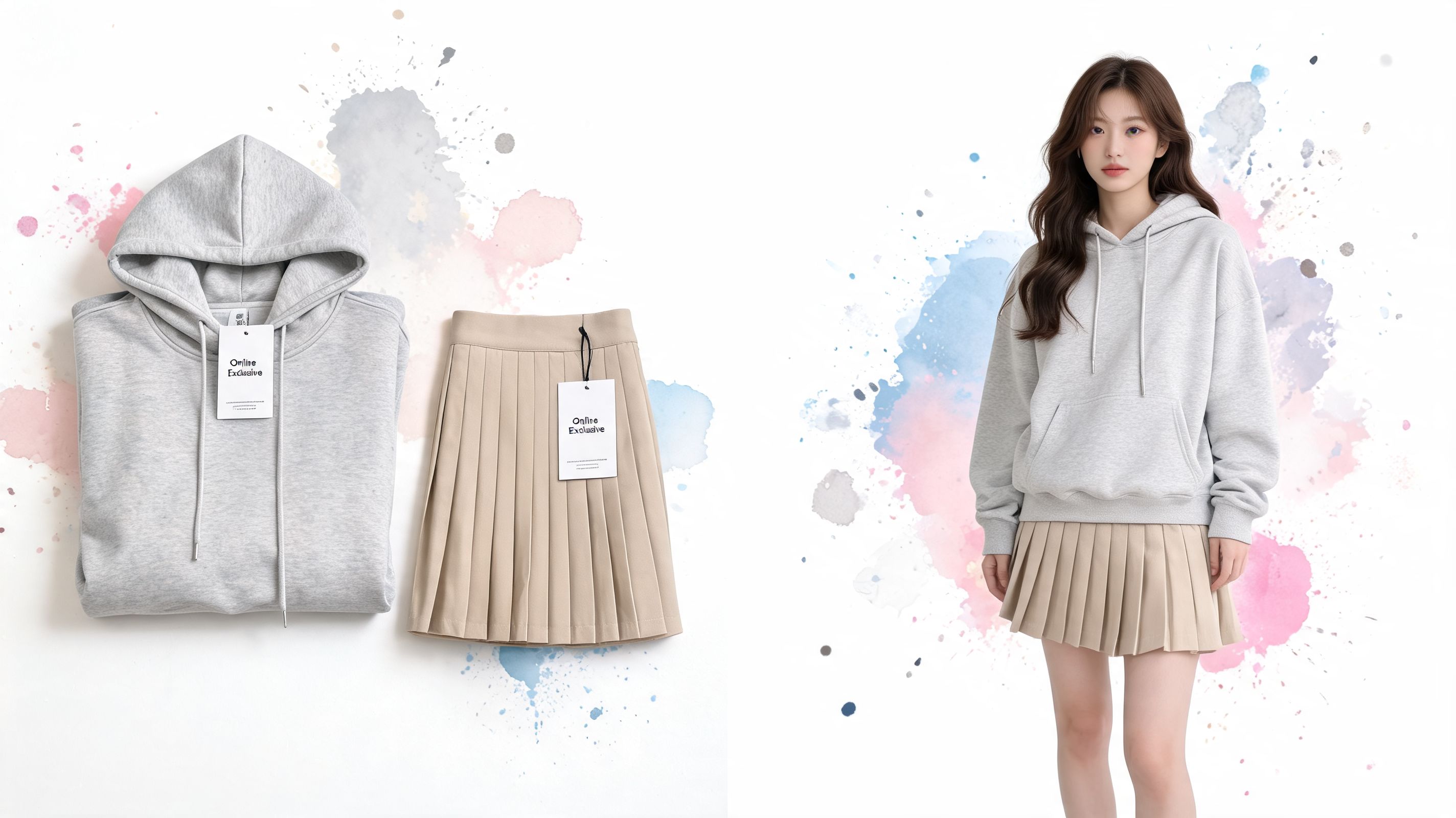 A young woman wearing a grey hoodie and pleated beige skirt next to the folded clothes set.