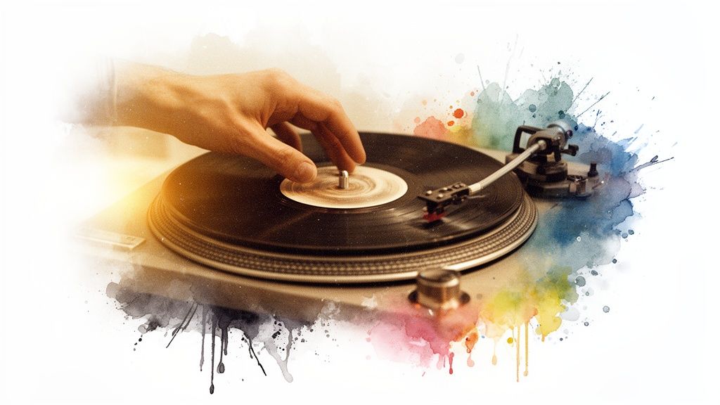 A hand is shown on a vintage turntable with a spinning vinyl record, surrounded by vibrant watercolor splashes.