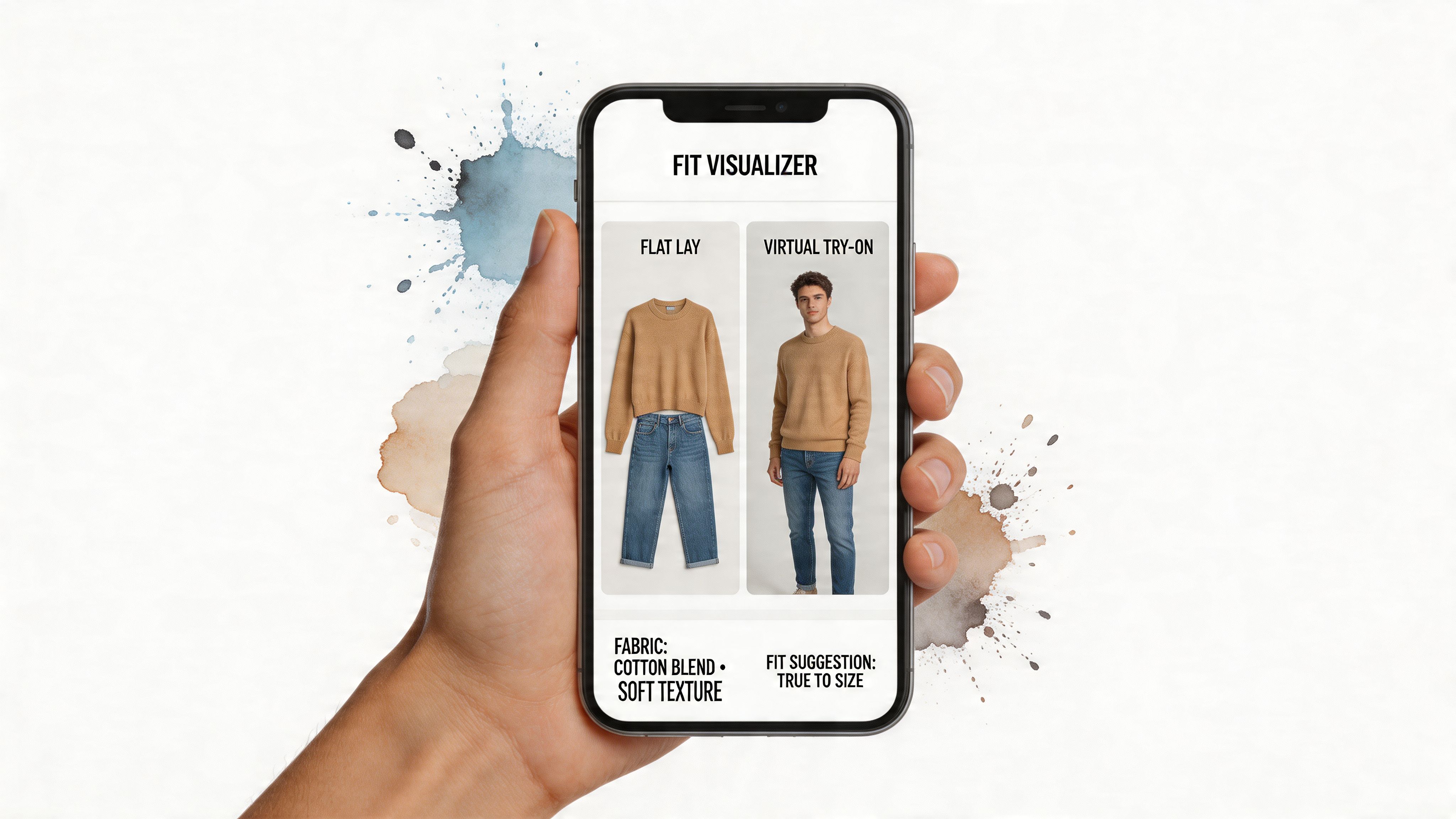 A hand holding a smartphone displaying a virtual clothing try-on app interface featuring a tan sweater and jeans.