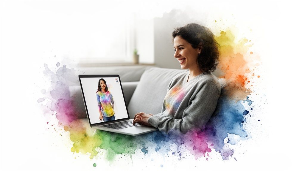 Smiling woman on a couch using a laptop, displaying colorful virtual outfits with art splashes.