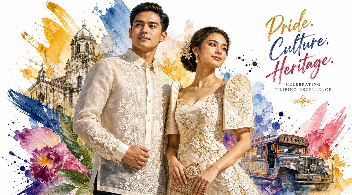 A Filipino couple in traditional Barong Tagalog and Filipiniana dress standing before a watercolor backdrop of heritage icons.