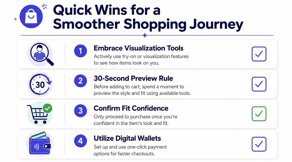 A graphic titled Quick Wins for a Smoother Shopping Journey listing four tips for better online shopping.