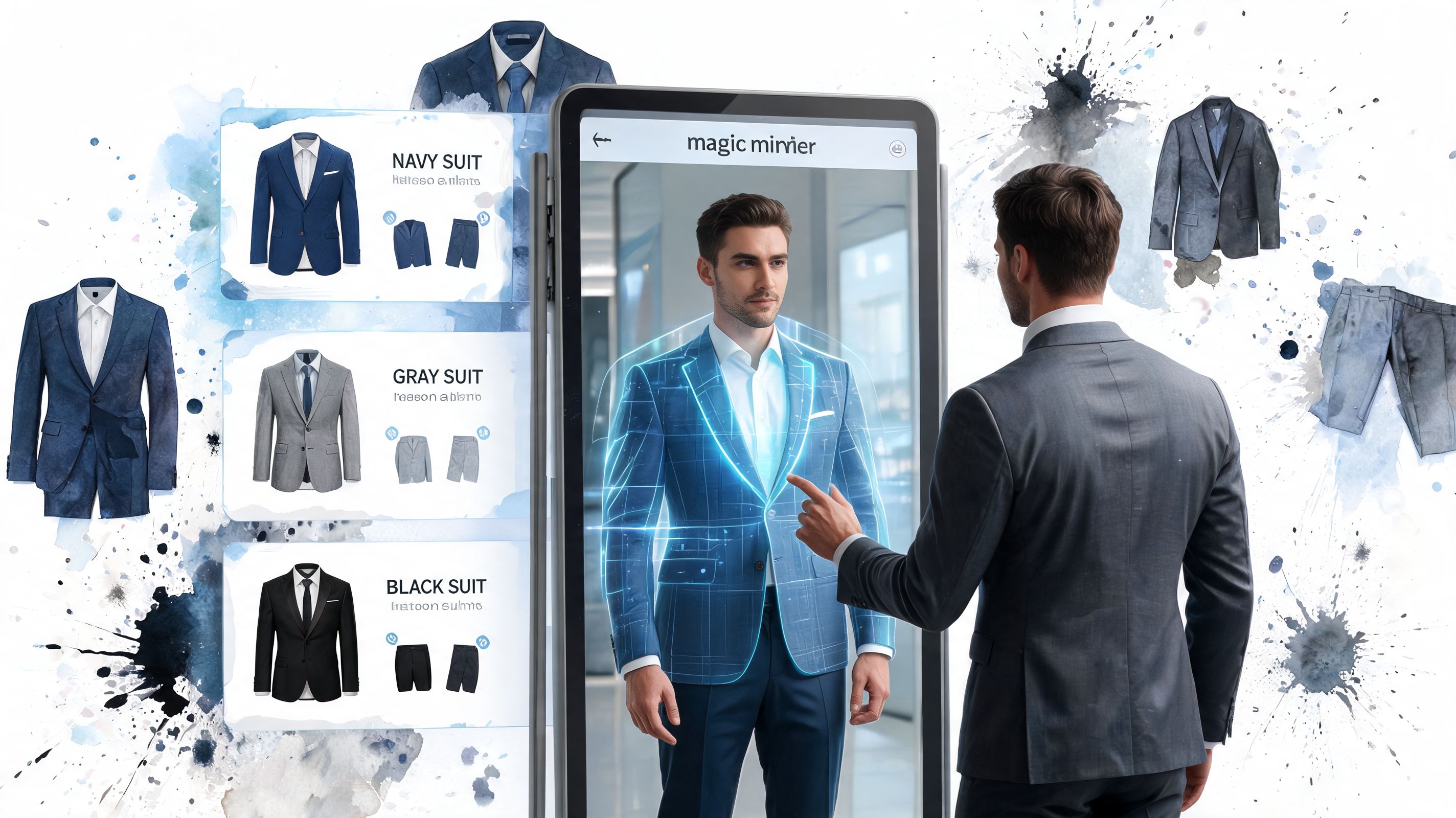 A man using an augmented reality smart mirror to digitally try on different suits for fitting.