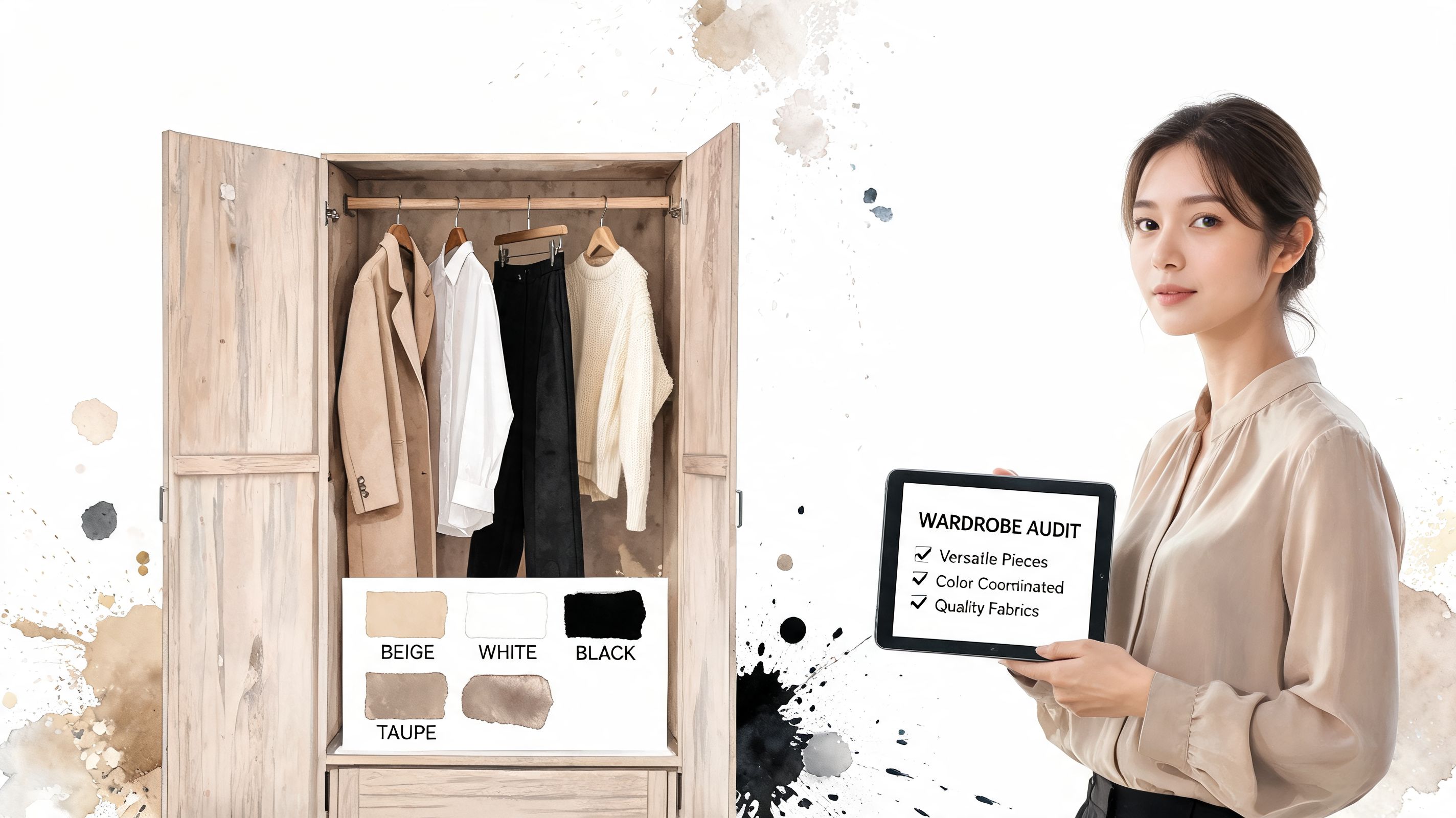 A professional image consultant presenting a wardrobe audit checklist while standing next to a minimalist closet organization.