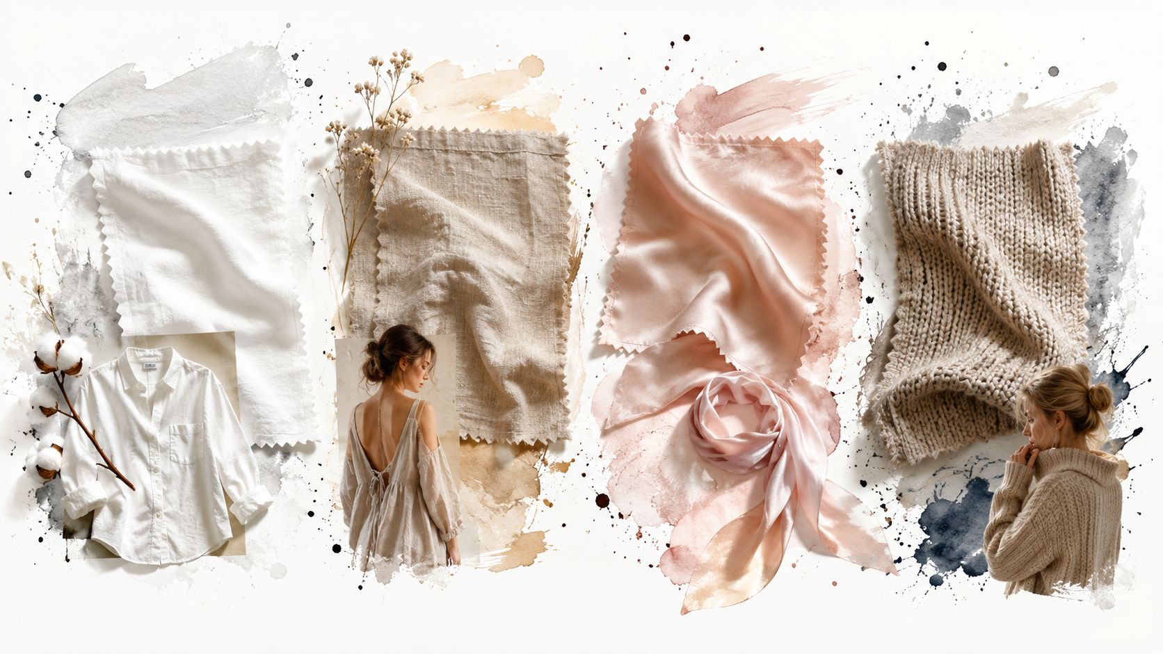 A creative mood board showcasing various fabric textures like linen, silk, and knit with clothing and models.