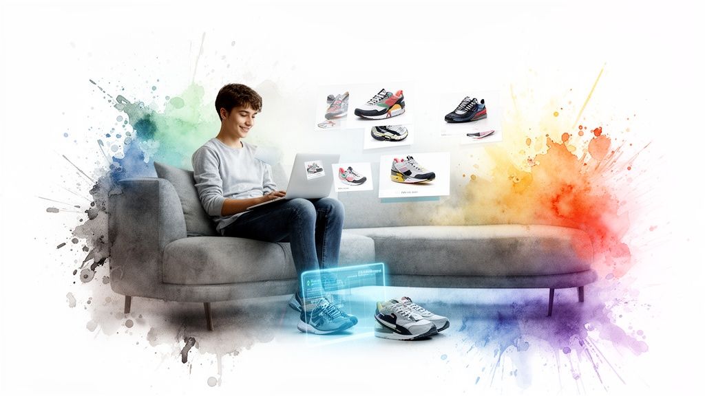 Smiling young person virtually trying on sneakers on a laptop, surrounded by shoe options.