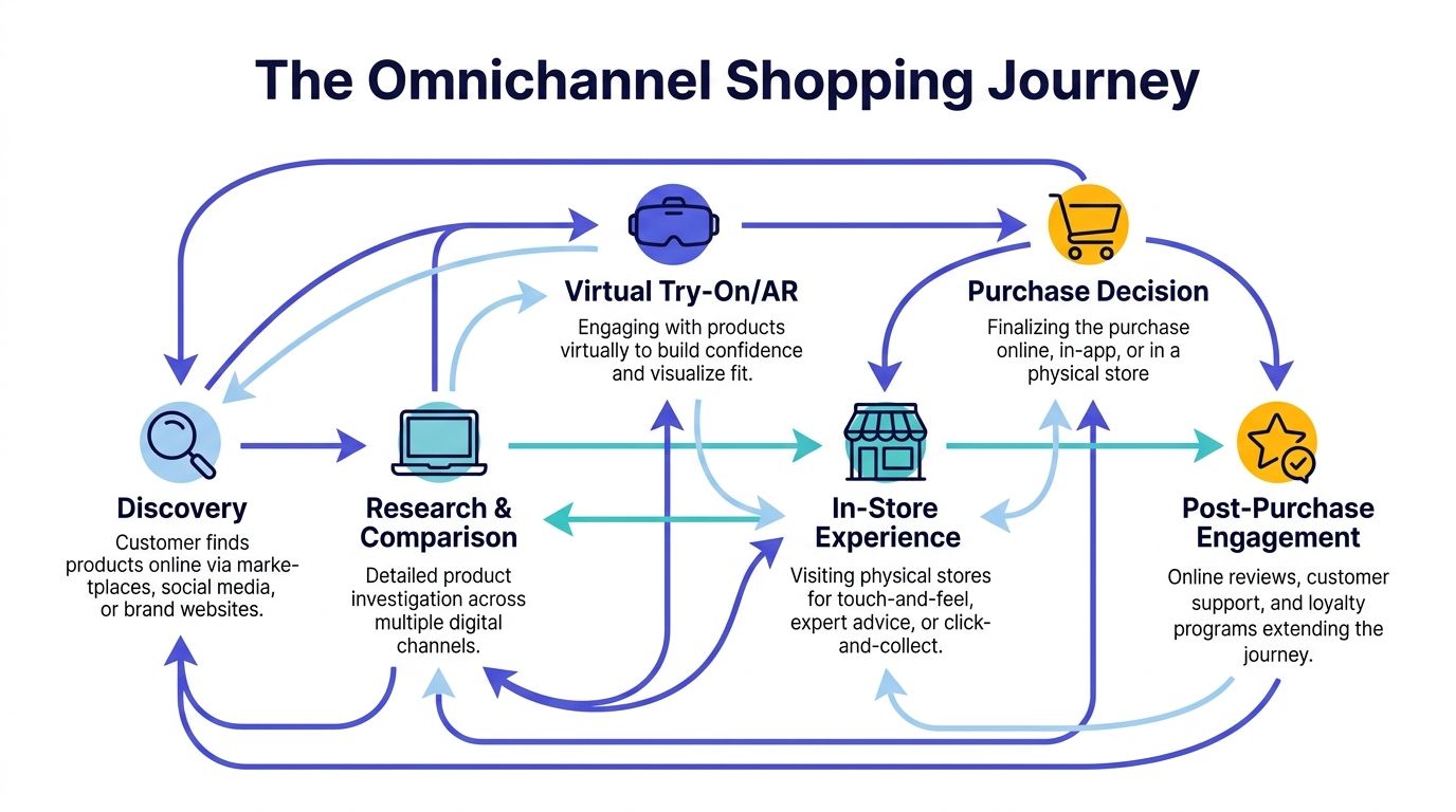 A diagram illustrating the omnichannel shopping journey, connecting discovery, research, virtual experiences, purchase, and post-purchase engagement.