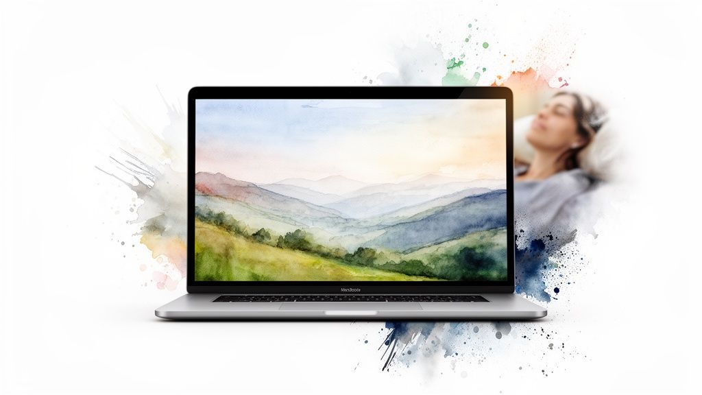 A MacBook displays a calming watercolor mountain landscape amidst vibrant paint splashes, with a blurred, relaxed person in the background.