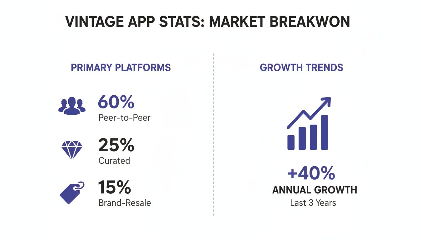Infographic detailing vintage app market share for peer-to-peer, curated, and brand-resale, plus 40% annual growth.