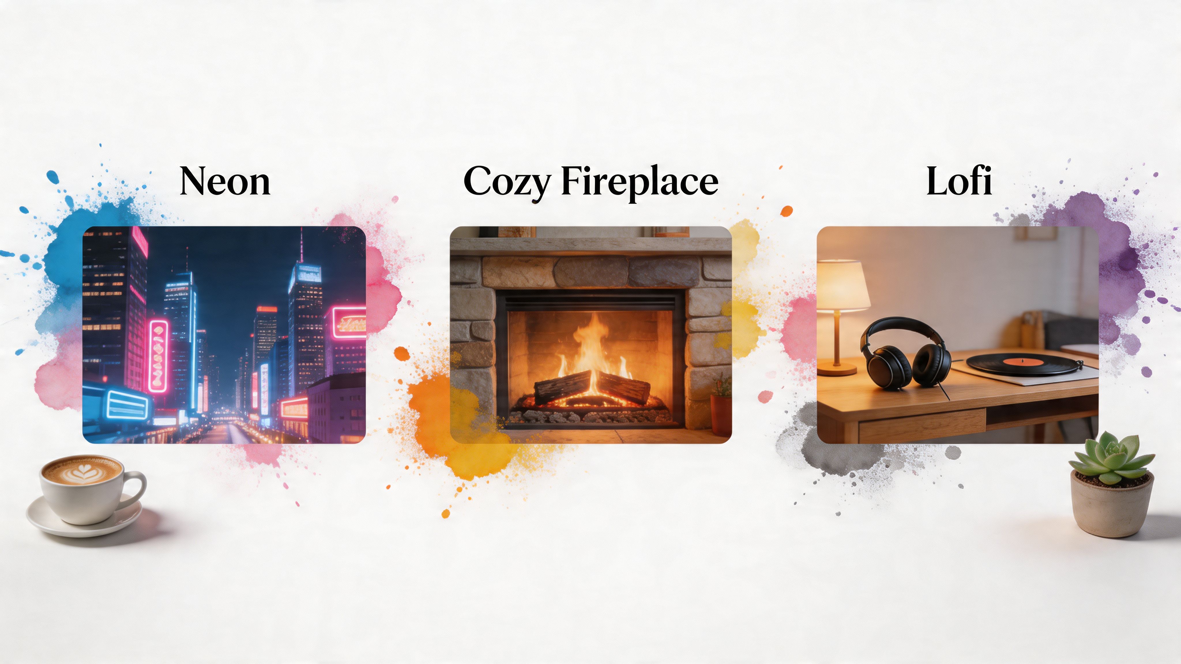 Three different thematic workspace scenes displayed as options for background wallpapers, featuring neon city, fireplace, and lofi.
